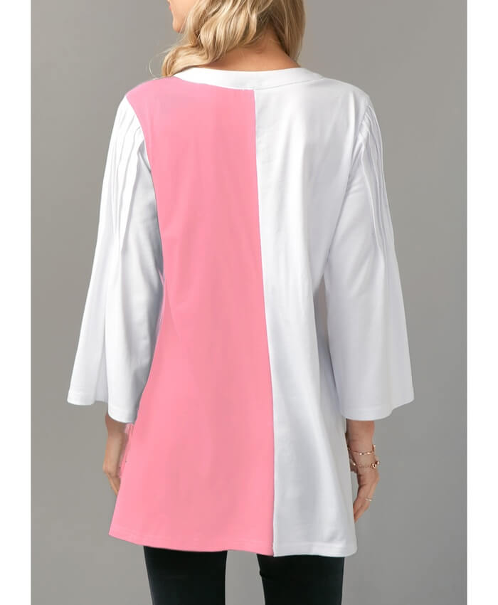 Three Quarter Sleeve Button Up Pink Pleated Blouse